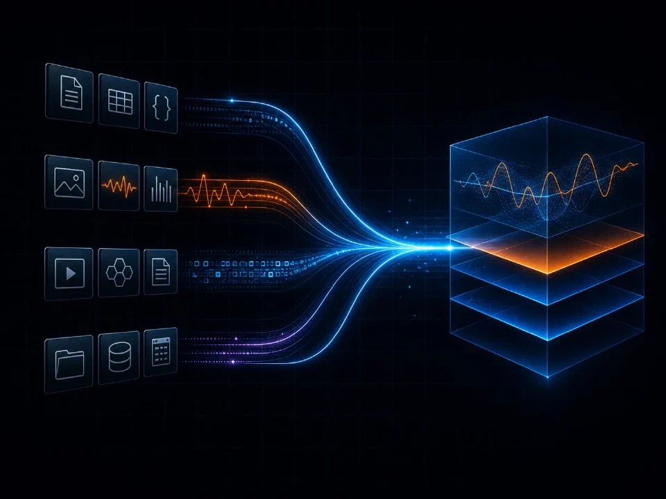 Various file, stream, and archive icons flowing into a layered cube of unified data