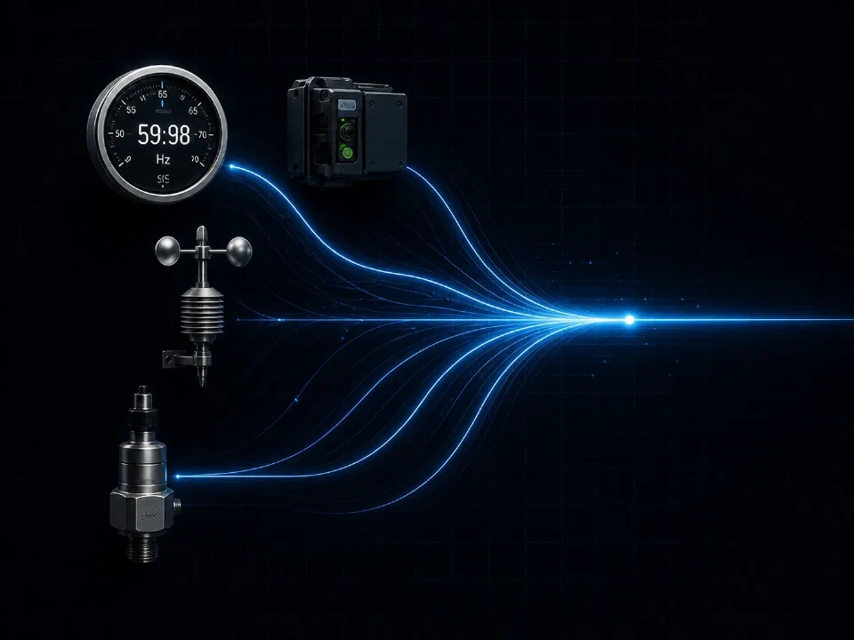 Heterogeneous physical sensors connected via blue glowing lines converging to a single point