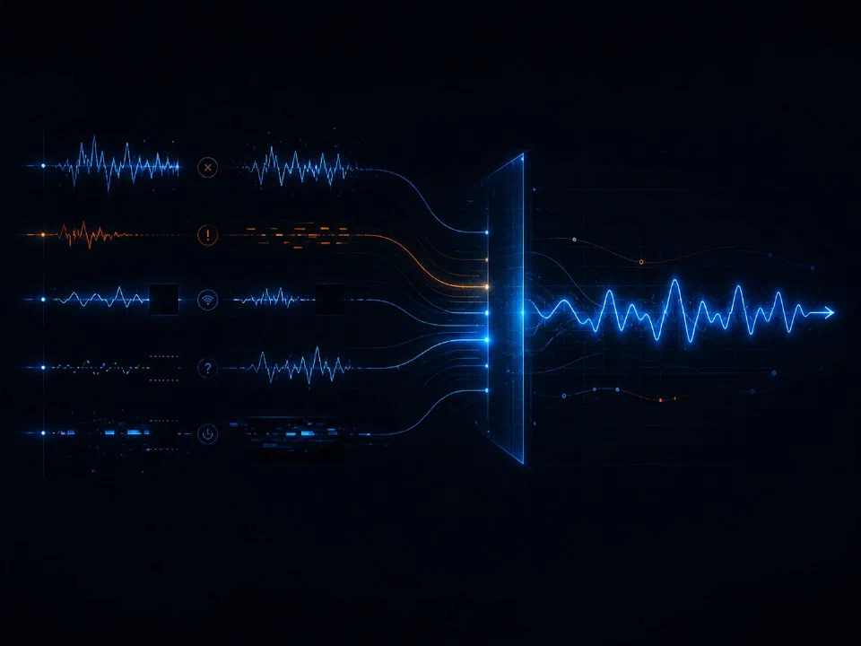 Messy input signals with errors, gaps, and dropouts flowing through a barrier and emerging as a single clean waveform