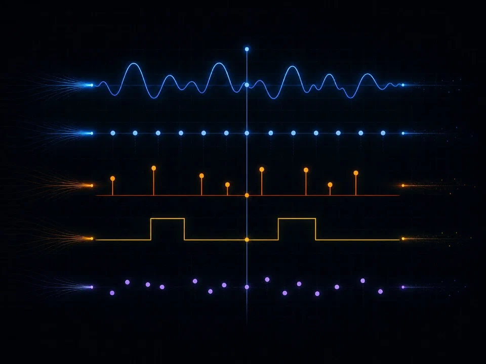 Five distinct signal types stacked: continuous waveform, regular samples, irregular events, digital states, sparse measurements