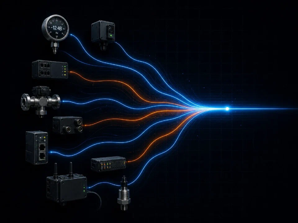 Multiple distinct industrial devices and modules connecting via blue and orange lines converging to one point