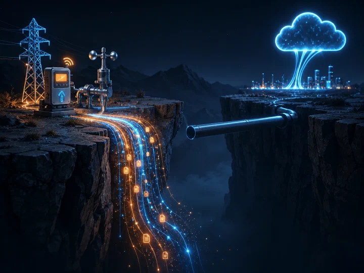 Sensor data streaming from a remote edge device toward a disconnected cloud, illustrating the bandwidth gap that strands data at its source.