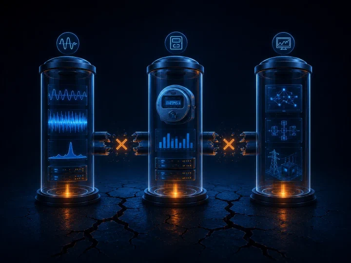 Three sealed glass cylinders containing PMU, AMI, and SCADA data, with broken connectors between them, illustrating proprietary stacks that cannot share data.