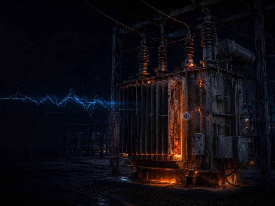 A weathered, rusting transformer at night with internal heat glow and external telemetry waveforms, representing aging grid infrastructure under thermal stress