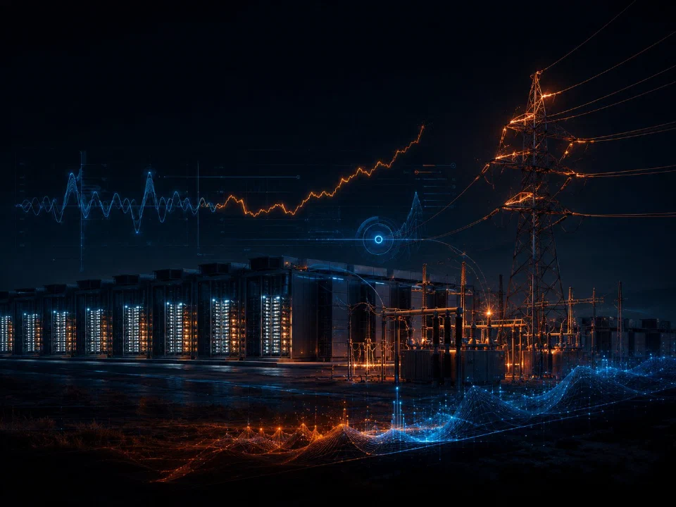 Hyperscale data center server racks adjacent to a high-voltage substation at night, with waveforms and a volatility arrow indicating grid impact