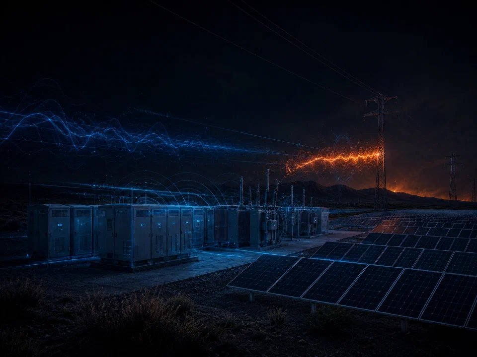 Solar arrays and battery storage installations at night with energy waveforms representing inverter-based resources connected to the grid