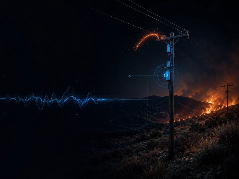 A distribution power pole with sparks and an arc fault on a hillside as wildfire spreads in the background